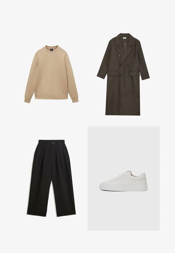 Cappotto lungo doppiopetto in misto lana marrone scuro, con colletto a revers, due tasche frontali e bottoni neri. Texture liscia.; Felpa beige realizzata in materiale morbido. Presenta un colletto rotondo, maniche lunghe e polsini a coste con orlo dritto. Design minimale.; Pantaloni neri con una vestibilità comoda, caratterizzati da pieghe frontali, tasche laterali e chiusura con bottone. Realizzati in tessuto testurizzato.; Sneakers bianchi in pelle, modello low-top, con punta rotonda, suola piatta in gomma bianca e dettagli di cucitura minimalista. Lacci fissati attraverso sei occhielli.