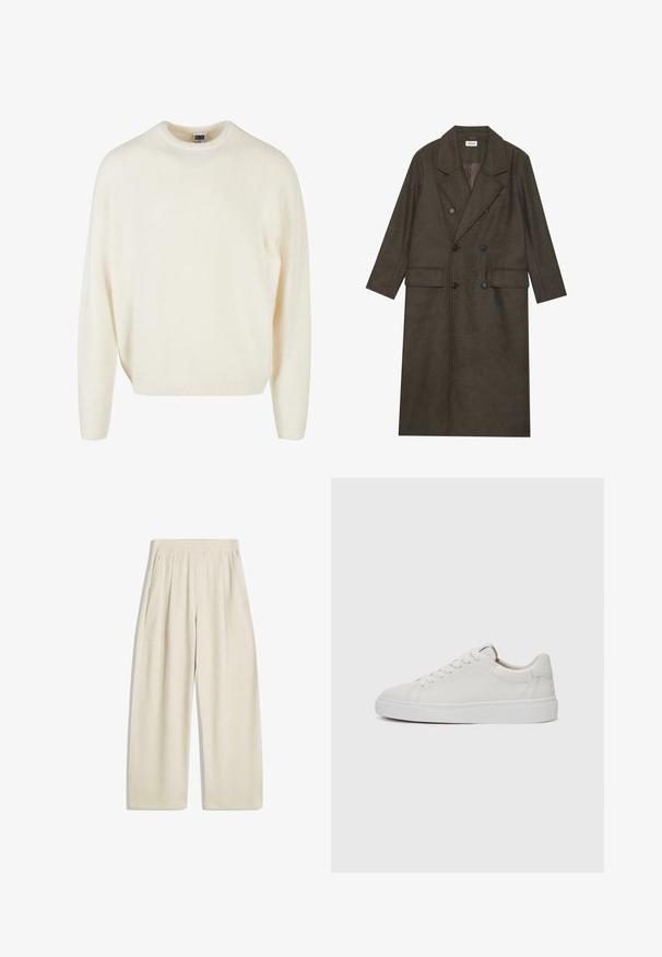 Cappotto lungo doppiopetto in misto lana marrone scuro, con colletto a revers, due tasche frontali e bottoni neri. Texture liscia.; Urban Classics CHUNKY - Maglione - whitesand; Pantaloni a gamba larga di un leggero colore beige, con texture a righe verticali, dettagli plissettati in vita e tasche laterali.; Sneakers bianchi in pelle, modello low-top, con punta rotonda, suola piatta in gomma bianca e dettagli di cucitura minimalista. Lacci fissati attraverso sei occhielli.
