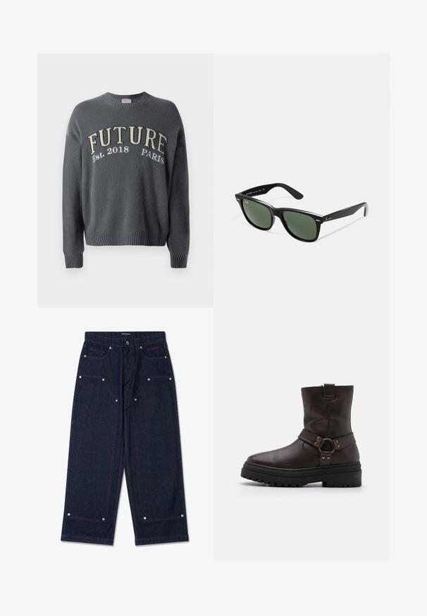 Cappotto lungo doppiopetto in misto lana marrone scuro, con colletto a revers, due tasche frontali e bottoni neri. Texture liscia.; Maglione a maglia grigio scuro con polsini e orlo a coste, caratterizzato da "FUTURE Est. 2018 PARIGI" ricamato sul petto in beige e bianco.; Pantaloni a gamba larga in denim scuro con due tasche frontali, dettagli in metallo argentato e cuciture rosse in contrasto. Caratterizzati da una chiusura a bottone e logo del marchio.; Stivale alla caviglia in pelle marrone con punta quadrata, dettagli in fibbia e suola nera spessa. Presenta una cerniera laterale e una superficie testurizzata.; Occhiali da sole in plastica nera con lenti verdi, montatura quadrata, dettaglio argento sulla parte superiore e steli con texture. Marchio indicato sulla parte interna dello stelo.