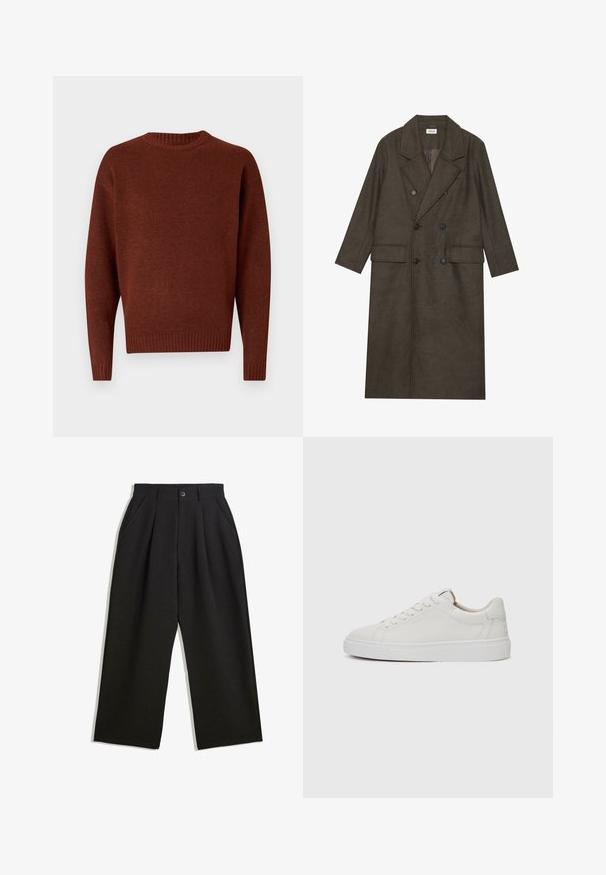 Double-breasted long coat in dark brown wool blend, featuring a notched collar, two front pockets, and black buttons. Smooth texture.; Brown knitted sweater with a round neck, ribbed cuffs, and hem. Soft texture and relaxed fit, featuring set-in sleeves and no patterns.; Black trousers with a relaxed fit, featuring pleats at the front, side pockets, and a button closure. Made from textured fabric.; White leather low-top sneakers with a round toe, flat white rubber sole, and minimalistic stitching detail. Laces secured through six eyelets.