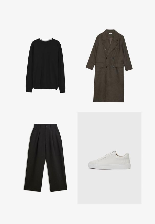 Cappotto lungo doppiopetto in misto lana marrone scuro, con colletto a revers, due tasche frontali e bottoni neri. Texture liscia.; Maglione nero a maniche lunghe con collo rotondo, dotato di polsini e orlo a coste, esposto su uno sfondo bianco.; Pantaloni neri con una vestibilità comoda, caratterizzati da pieghe frontali, tasche laterali e chiusura con bottone. Realizzati in tessuto testurizzato.; Sneakers bianchi in pelle, modello low-top, con punta rotonda, suola piatta in gomma bianca e dettagli di cucitura minimalista. Lacci fissati attraverso sei occhielli.