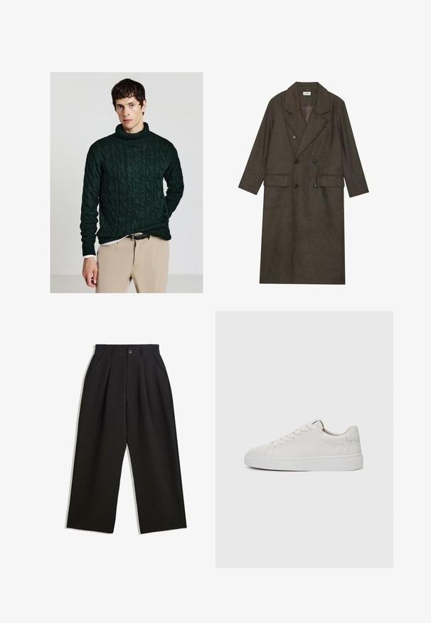 Doppelt gepolsterter langer Mantel aus dunkelbraunem Wollgemisch, mit einem Reverskragen, zwei Vorderaschen und schwarzen Knöpfen. Glatte Textur.; Großer grüner Sweater aus Kabelstrick mit einem hohen, gerippten Rollkragen. Hat strukturierte Muster und gerippte Bündchen, kombiniert mit beigen Hosen.; Schwarze Hose mit lockerem Schnitt, mit Falten an der Vorderseite, Seitentaschen und einem Knopfverschluss. Hergestellt aus strukturiertem Stoff.; Weiße Leder-Sneaker im Low-Top-Stil mit runder Zehenform, flacher weißer Gummisohle und minimalistischen Steppnähten. Schnürsenkel sind durch sechs Ösen gesichert.