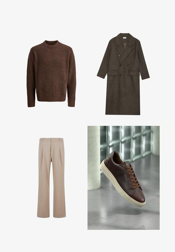 Dwurzędowy długi płaszcz z ciemno-brązowej mieszanki wełny, z wyłogowym kołnierzem, dwiema przednimi kieszeniami i czarnymi guzikami. Gładka tekstura.; Brązowy sweter dzianinowy z teksturowanym wzorem, z dzianinowym okrągłym dekoltem i długimi rękawami. Wykonany z miękkiego, ciepłego materiału.; Beżowe spodnie plisowane wykonane z gładkiego materiału, ze prostymi nogawkami, z zapięciem na guzik i subtelnymi detalami w szwie.; Brązowe skórzane trampki z zaokrąglonym noskiem, brązowymi sznurówkami i beżową gumową podeszwą. Posiadają minimalne logo z boku.