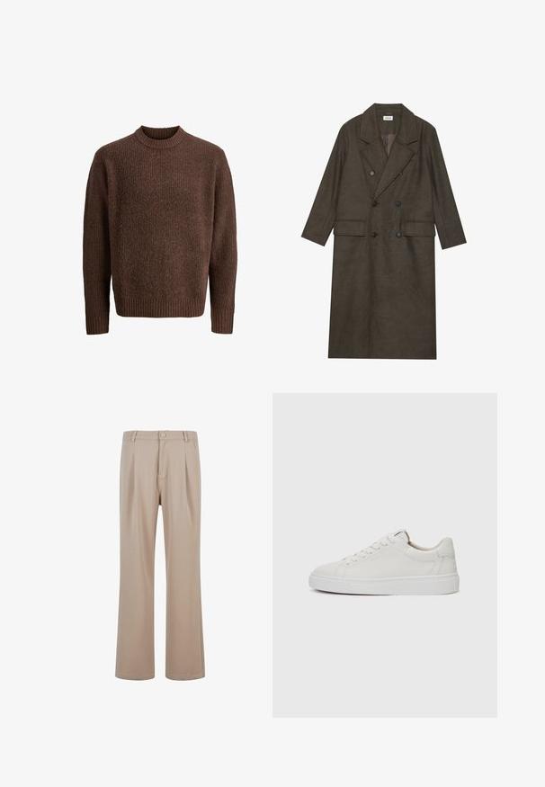Doppelt gepolsterter langer Mantel aus dunkelbraunem Wollgemisch, mit einem Reverskragen, zwei Vorderaschen und schwarzen Knöpfen. Glatte Textur.; Brauner Strickpullover mit strukturiertem Muster, geripptem Rundhalsausschnitt und langen Ärmeln. Hergestellt aus weichem, warmem Material.; Beige Plisseehosen aus glattem Stoff mit geradem Bein-Design, ausgestattet mit einem Knopfverschluss und dezenten Nähdetails.; Weiße Leder-Sneaker im Low-Top-Stil mit runder Zehenform, flacher weißer Gummisohle und minimalistischen Steppnähten. Schnürsenkel sind durch sechs Ösen gesichert.