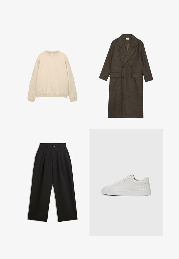 Kétgombos, hosszú kabát sötétbarna gyapjúkeverékből, kiemelkedő gallérral, két elülső zsebbel és fekete gombokkal. Simára csiszolt textúra.; Krém színű, oversized pulóver kerek nyakkivágással és bordás mandzsettával. Puha anyagból készült, sima tapintású és minimalista dizájnú.; Fekete, lazán szabott nadrág, elöl redőkkel, oldalsó zsebekkel és gombzárral. Texturált anyagból készült.; Fehér bőr, alacsony szárú sportcipő kerek orral, lapos fehér gumitalppal és minimalista varrási részletekkel. A fűzők hat szemre fűzve.