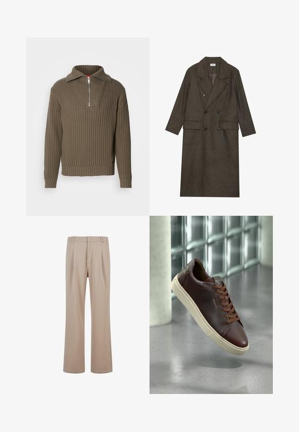 Kétgombos, hosszú kabát sötétbarna gyapjúkeverékből, kiemelkedő gallérral, két elülső zsebbel és fekete gombokkal. Simára csiszolt textúra.; Barna bordás pulóver fél cipzárral és széles gallérral. Texturált szövetből készült, enyhén cropped aljjal. Egyszerű design.; Beige, sima anyagból készült, plisszírozott nadrág, egyenes láb kialakítással, gombos záródással és diszkrét varrási részletekkel.; Barna bőr sportcipő lekerekített orral, barna fűzőkkel és bézs gumitalppal. Az oldalon minimális márkázás található.