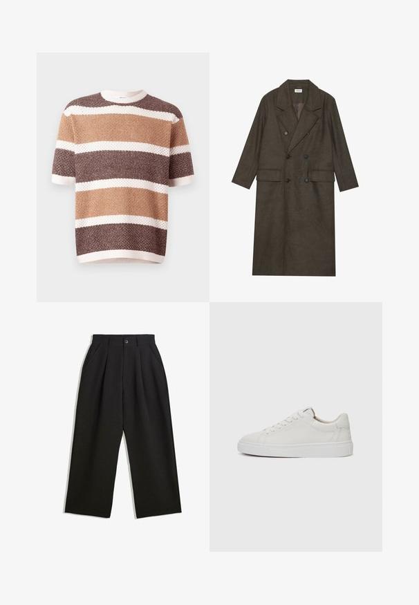 Cappotto lungo doppiopetto in misto lana marrone scuro, con colletto a revers, due tasche frontali e bottoni neri. Texture liscia.; Maglione a maniche corte in maglia con strisce orizzontali in tonalità di marrone e crema. Presenta un collo rotondo e un tessuto testurizzato.; Pantaloni neri con una vestibilità comoda, caratterizzati da pieghe frontali, tasche laterali e chiusura con bottone. Realizzati in tessuto testurizzato.; Sneakers bianchi in pelle, modello low-top, con punta rotonda, suola piatta in gomma bianca e dettagli di cucitura minimalista. Lacci fissati attraverso sei occhielli.