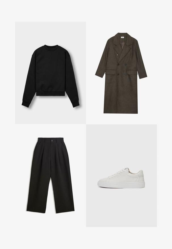 Dvojredno obloženi dolg plašč v temno rjavi mešanici volne, z obreženim ovratnikom, dvema sprednjima žepoma in črnimi gumbi. Gladka tekstura.; Črna skrajšana športna majica z dolgimi rokavi, okroglo izrezom in rebrastimi manšetami. Ima mehak material in minimalističen dizajn.; Črne hlače z sproščenim krojem, z naborki spredaj, stranskimi žepi in gumbom za zapiranje. Narejene so iz strukturirane tkanine.; Bele usnjene superge z nizkim zgornjim delom, okroglo konico, ravnim belim gumijastim podplatom in minimalističnimi šivi. Šnure so pritrjene skozi šest lukenj.