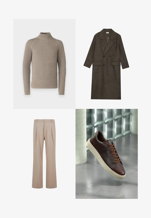 Dvojredno obloženi dolg plašč v temno rjavi mešanici volne, z obreženim ovratnikom, dvema sprednjima žepoma in črnimi gumbi. Gladka tekstura.; Bež pletena turtleneck pulover z dolgimi rokavi, ki se ponaša s prilegajočo silhueto in strukturo pletenine. Narejen iz mehkega materiala.; Bežne nabirane hlače iz gladkega blaga s ravnimi nogavicami, ki vključujejo gumb za zapiranje in diskretne šive.; Rjavi usnjeni teniski čevlji z zaobljenim nosom, rjavimi vezalkami in bež gumijastim podplatom. Na strani imajo minimalno blagovno označevanje.