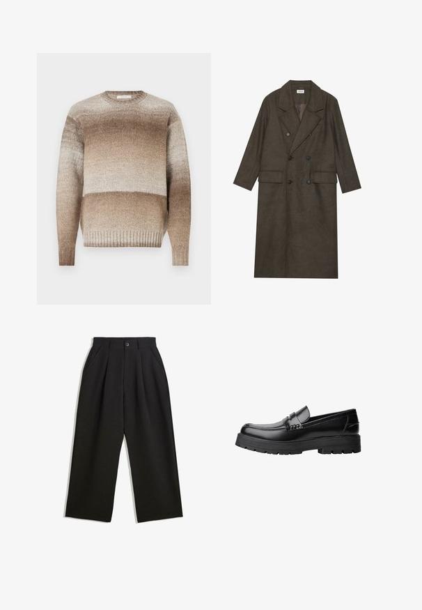 Kétgombos, hosszú kabát sötétbarna gyapjúkeverékből, kiemelkedő gallérral, két elülső zsebbel és fekete gombokkal. Simára csiszolt textúra.; Bézs kötött pulóver kerek nyakkal, világosról sötétre átmenetes mintával, bordázott mandzsettákkal és szegéllyel. Puha tapintású anyag.; Fekete, lazán szabott nadrág, elöl redőkkel, oldalsó zsebekkel és gombzárral. Texturált anyagból készült.; Fekete bőr loaferek vastag, bordázott talppal és díszcsíkkal az upper rész felett, bal oldali profilmódban, fehér háttér előtt.