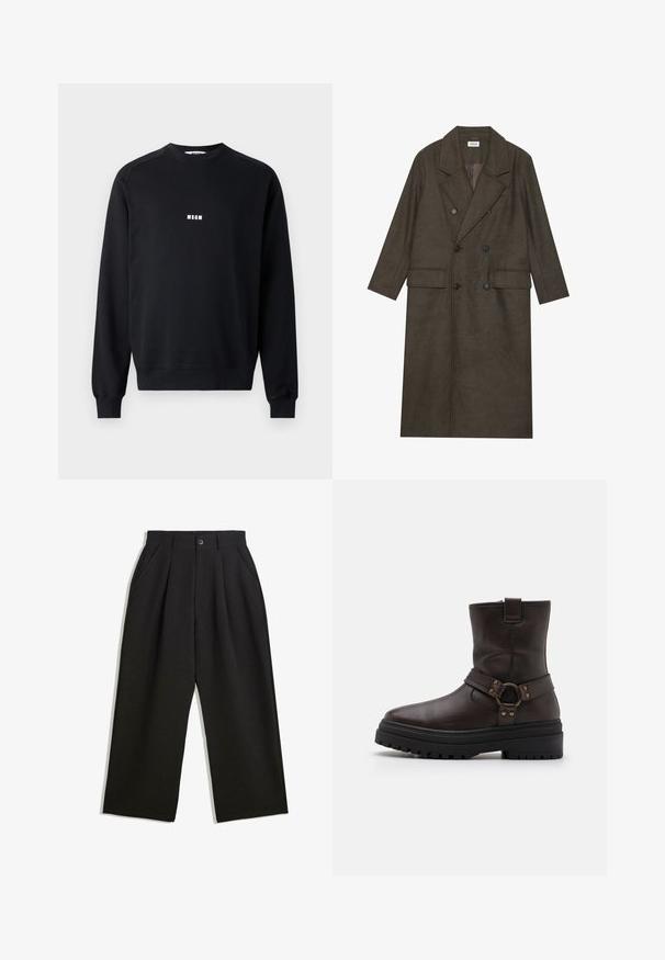 Doppelt gepolsterter langer Mantel aus dunkelbraunem Wollgemisch, mit einem Reverskragen, zwei Vorderaschen und schwarzen Knöpfen. Glatte Textur.; Schwarzer Pullover aus Baumwollmix mit Rundhalsausschnitt, langen Ärmeln, gerippten Bündchen und einem weißen MSGM-Logo auf der Brust.; Schwarze Hose mit lockerem Schnitt, mit Falten an der Vorderseite, Seitentaschen und einem Knopfverschluss. Hergestellt aus strukturiertem Stoff.; Braune Leder-Stiefelette mit quadratischer Zehenform, Schnallenakzenten und einer dicken schwarzen Sohle. Verfügt über einen seitlichen Reißverschluss und eine strukturierte Oberfläche.