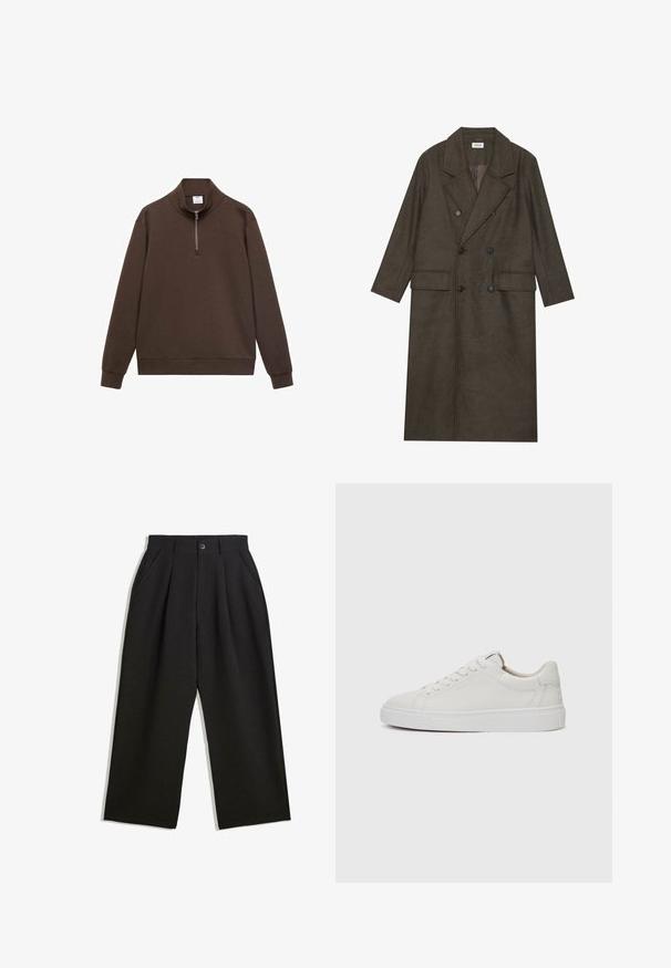 Dlhý kabát s dvojitým zapínaním v tmavo hnedej vlnenej zmesi, s klopeným golierom, dvoma prednými vreckami a čiernymi gombíkmi. Hladká textúra.; Hnedý pulóver so zvýšeným golierom a štvrtinovým zipsom. Vyrobený z mäkkého materiálu, s dlhými rukávmi a voľným strihom.; Čierne nohavice s voľným strihom, s prekrytím vpredu, bočnými vreckami a zapínaním na gombík. Vyrobené z textúrovanej látky.; Biele kožené tenisky nízkoprofilového strihu s okrúhlou špičkou, plochou bielou gumovou podrážkou a minimalistickými detailmi šitia. Šnúrky zaistené cez šesť očiek.