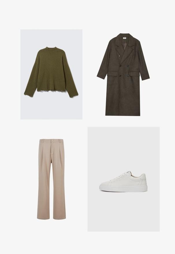 Manteau long à double boutonnage en mélange de laine brun foncé, avec un col à revers, deux poches avant et des boutons noirs. Texture lisse.; Pull à manches longues en tricot côtelé vert olive avec des bords bruts et effilochés sur les poignets et l'ourlet, posé à plat sur un fond blanc.; Pantalons plissés beiges en tissu lisse avec une coupe droite, dotés d'une fermeture à bouton et de détails de couture subtils.; Baskets blanches en cuir, à tige basse, avec un bout rond, une semelle en caoutchouc blanc plate et des détails de couture minimalistes. Lacets maintenus par six œillets.