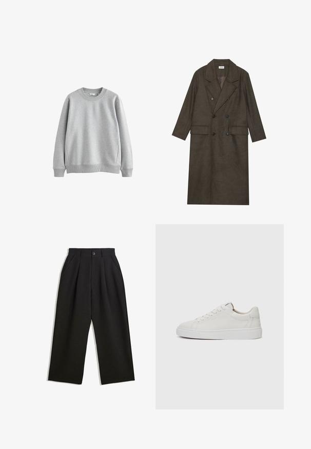 Kaksirivinen pitkä takki tummanruskeasta villaseoksesta, jossa on teräväkaulus, kaksi etutaskua ja mustat napit. Sileä pinta.; Harmaa collegepaita, jossa on pyöreä kaula-aukko, ribbireunat hihansuissa ja helmassa. Valmistettu pehmeästä kankaasta, jossa on sileä rakenne ja yksinkertainen muotoilu.; Musta housut rentoa istuvuutta, joissa on laskoksia edessä, sivutaskut ja nappisuljenta. Valmistettu teksturoidusta kankaasta.; Valkoiset nahkaiset matalakärkiset lenkkarit, joissa on pyöreä kärki, litteä valkoinen kumipohja ja minimalistinen ommel yksityiskohtana. Nauhat on kiinnitetty kuuden silmukan läpi.