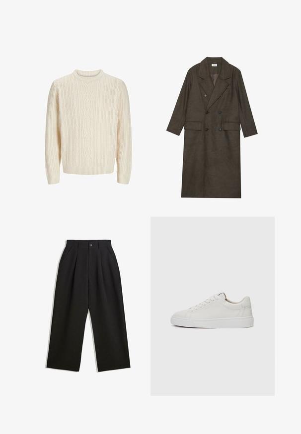 Palton lung cu două rânduri de nasturi dintr-un amestec de lână de culoare maro închis, având un guler cu tăietură, două buzunare frontale și nasturi negri. Textură netedă.; Pulover tricotat de culoare crem, cu un model texturat de tip rib, guler rotund și mansete și tiv rib. Material moale și gros.; Pantaloni negri cu o croială lejeră, având pliuri în față, buzunare laterale și închidere cu buton. Fabricat dintr-un material texturat.; Adidași albi din piele, cu vârful rotund, talpă din cauciuc alb plat și detalii de cusătură minimaliste. Șireturile sunt fixate prin șase ochiuri.