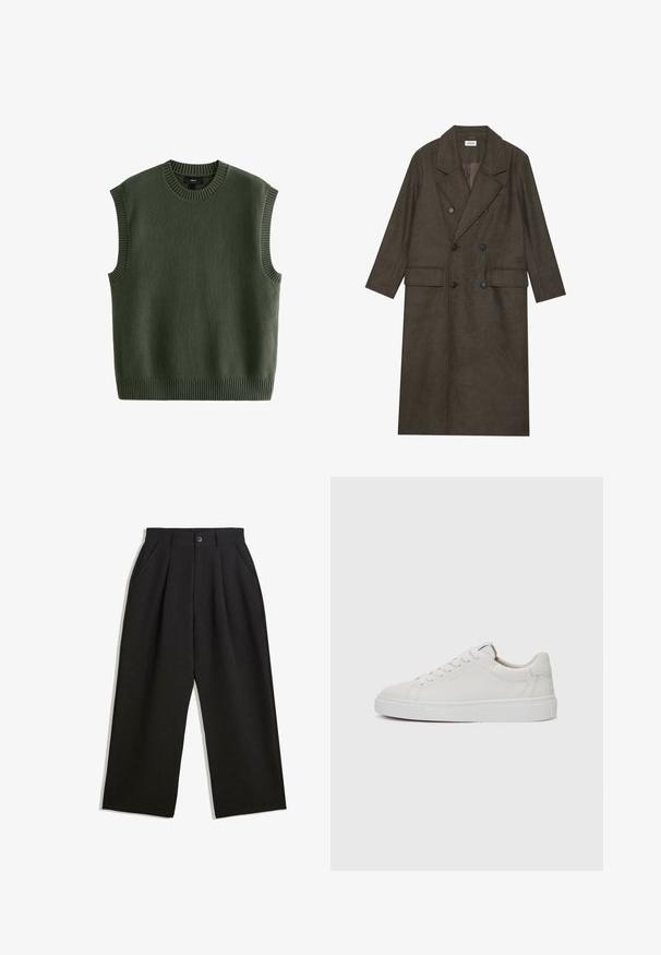 Palton lung cu două rânduri de nasturi dintr-un amestec de lână de culoare maro închis, având un guler cu tăietură, două buzunare frontale și nasturi negri. Textură netedă.; Next REGULAR FIT CREW NECK - Pulover - green; Pantaloni negri cu o croială lejeră, având pliuri în față, buzunare laterale și închidere cu buton. Fabricat dintr-un material texturat.; Adidași albi din piele, cu vârful rotund, talpă din cauciuc alb plat și detalii de cusătură minimaliste. Șireturile sunt fixate prin șase ochiuri.