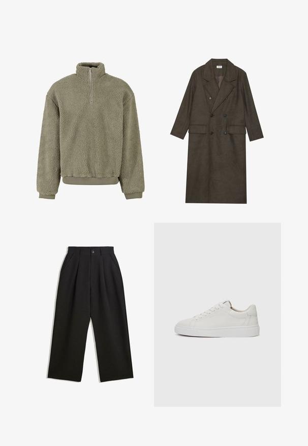 Dlhý kabát s dvojitým zapínaním v tmavo hnedej vlnenej zmesi, s klopeným golierom, dvoma prednými vreckami a čiernymi gombíkmi. Hladká textúra.; Fleeceový pulóver v olivovo zelenej farbe s polovičným zipsom. Textúrovaný vonkajší materiál a pružné manžety a spodný lem. Uvoľnený strih zaisťuje pohodlie.; Čierne nohavice s voľným strihom, s prekrytím vpredu, bočnými vreckami a zapínaním na gombík. Vyrobené z textúrovanej látky.; Biele kožené tenisky nízkoprofilového strihu s okrúhlou špičkou, plochou bielou gumovou podrážkou a minimalistickými detailmi šitia. Šnúrky zaistené cez šesť očiek.
