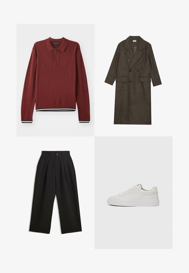 Manteau long à double boutonnage en mélange de laine brun foncé, avec un col à revers, deux poches avant et des boutons noirs. Texture lisse.; Polo à manches longues bordeaux avec col zippé, présentant un ourlet et des poignets côtelés avec des rayures bleues marine et blanches, fabriqué en tissu doux.; Pantalons noirs à coupe décontractée, avec des plis à l'avant, des poches latérales et une fermeture à bouton. Fabriqués en tissu texturé.; Baskets blanches en cuir, à tige basse, avec un bout rond, une semelle en caoutchouc blanc plate et des détails de couture minimalistes. Lacets maintenus par six œillets.