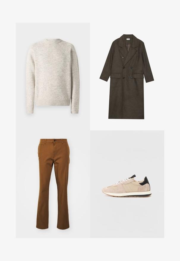 Double-breasted long coat in dark brown wool blend, featuring a notched collar, two front pockets, and black buttons. Smooth texture.; Light beige sweater made of textured knit fabric. Features a crew neckline and ribbed cuffs and hem. Simple, pullover design.; Brown straight-fit pants made of cotton blend material, featuring a zip fly, button closure, and front pockets. Smooth texture, casual design.; Beige suede sneakers with mesh panels, white laces, and a black heel accent. Thick white sole with a black strip adds contrast.