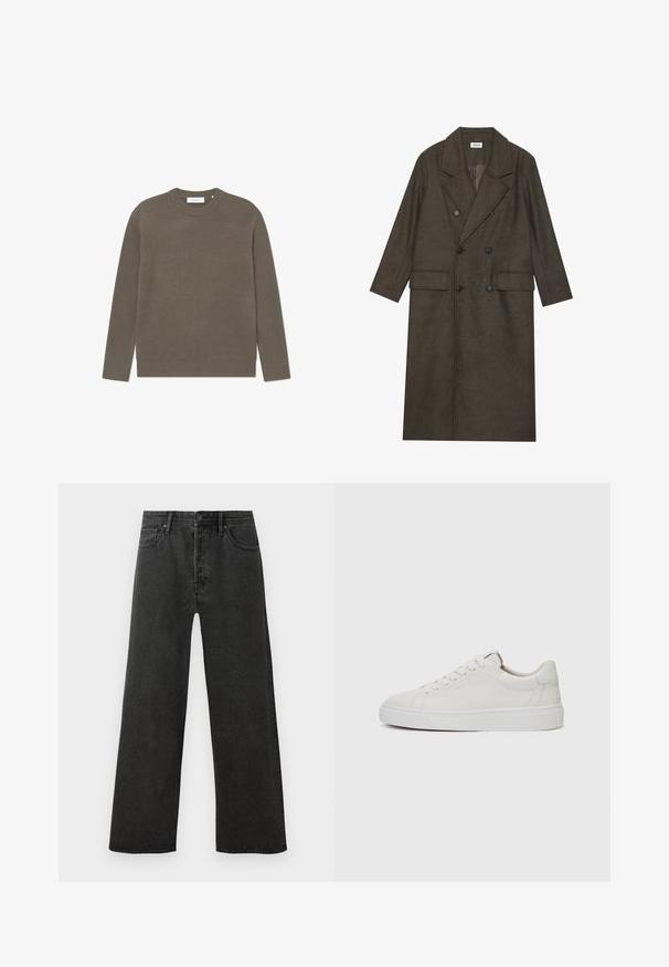 Double-breasted long coat in dark brown wool blend, featuring a notched collar, two front pockets, and black buttons. Smooth texture.; Ribbed knit sweater in earthy brown color, featuring a crew neckline and long sleeves, with a textured finish and subtle branding tag.; Black high-waist straight-leg denim jeans with front button, zip closure, and five-pocket design on a white background.; White leather low-top sneakers with a round toe, flat white rubber sole, and minimalistic stitching detail. Laces secured through six eyelets.