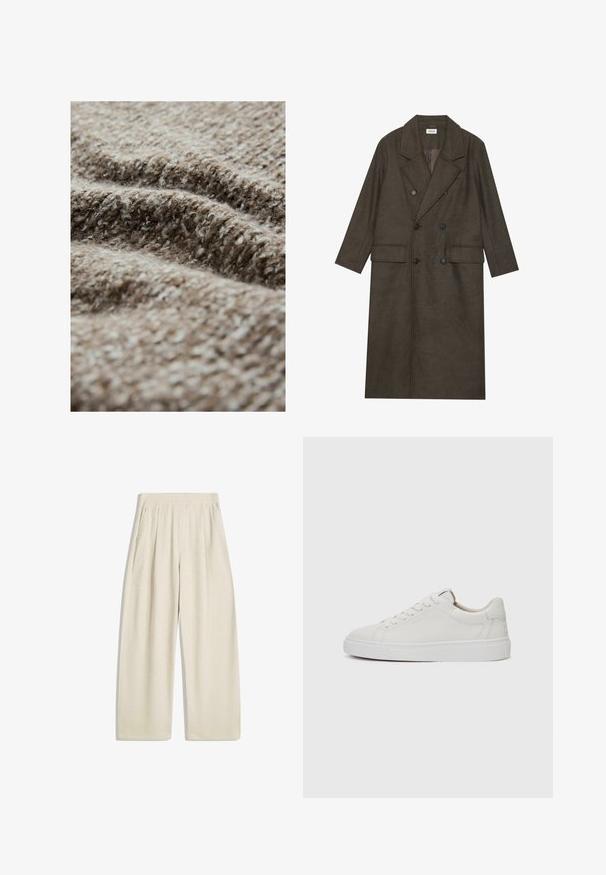 Palton lung cu două rânduri de nasturi dintr-un amestec de lână de culoare maro închis, având un guler cu tăietură, două buzunare frontale și nasturi negri. Textură netedă.; Ţesătură texturată de culoare maro, cu un aspect pufos, având un amestec de fibre deschise și închise la culoare, care prezintă un model țesut și o grosime variată.; Pantaloni largi de culoare bej deschis, cu textură ribbed verticală, detalii pliate la talie și buzunare laterale.; Adidași albi din piele, cu vârful rotund, talpă din cauciuc alb plat și detalii de cusătură minimaliste. Șireturile sunt fixate prin șase ochiuri.