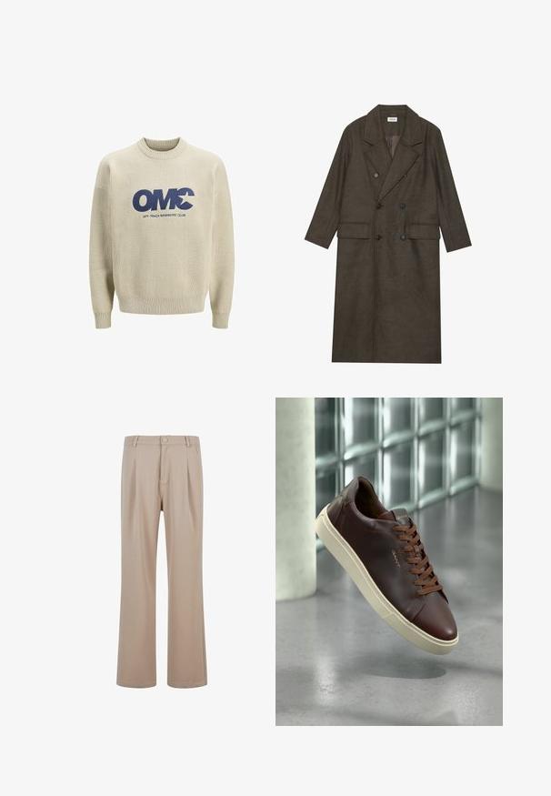 Dvojredno obloženi dolg plašč v temno rjavi mešanici volne, z obreženim ovratnikom, dvema sprednjima žepoma in črnimi gumbi. Gladka tekstura.; Pulover s krojem crewneck v svetli bež barvi, z temno modrim logotipom "OMC" in besedilom "OFF-TRACK MEMBERS' CLUB". Mehka tekstura z dolgimi rokavi.; Bežne nabirane hlače iz gladkega blaga s ravnimi nogavicami, ki vključujejo gumb za zapiranje in diskretne šive.; Rjavi usnjeni teniski čevlji z zaobljenim nosom, rjavimi vezalkami in bež gumijastim podplatom. Na strani imajo minimalno blagovno označevanje.