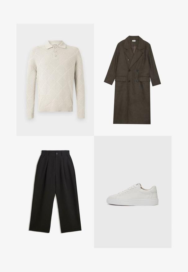 Dlhý kabát s dvojitým zapínaním v tmavo hnedej vlnenej zmesi, s klopeným golierom, dvoma prednými vreckami a čiernymi gombíkmi. Hladká textúra.; Svetlá béžová pletená polo sveter s diamantovým vzorom, trojgombíkovým zapínaním a rebrovanými manžetami a spodným lemom.; Čierne nohavice s voľným strihom, s prekrytím vpredu, bočnými vreckami a zapínaním na gombík. Vyrobené z textúrovanej látky.; Biele kožené tenisky nízkoprofilového strihu s okrúhlou špičkou, plochou bielou gumovou podrážkou a minimalistickými detailmi šitia. Šnúrky zaistené cez šesť očiek.