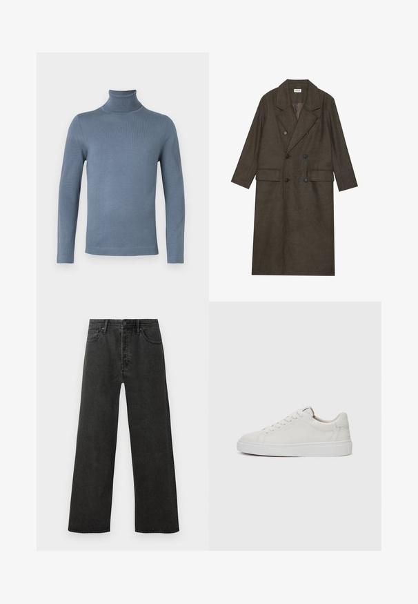 Casaco longo de duplo peito em mistura de lã castanha escura, com colarinho com bicos, dois bolsos frontais e botões pretos. Textura suave.; Suéter de gola alta de manga longa, azul claro, com uma textura de malha lisa e simples e silhueta ajustada, sobre um fundo branco.; Jeans de ganga pretos de cintura alta, com pernas retas, fecho frontal por botão e zip e design de cinco bolsos, sobre um fundo branco.; Sapatilhas brancas de couro de cano baixo com biqueira redonda, sola de borracha branca plana e detalhe de costura minimalista. Atacadores presos através de seis ilhós.