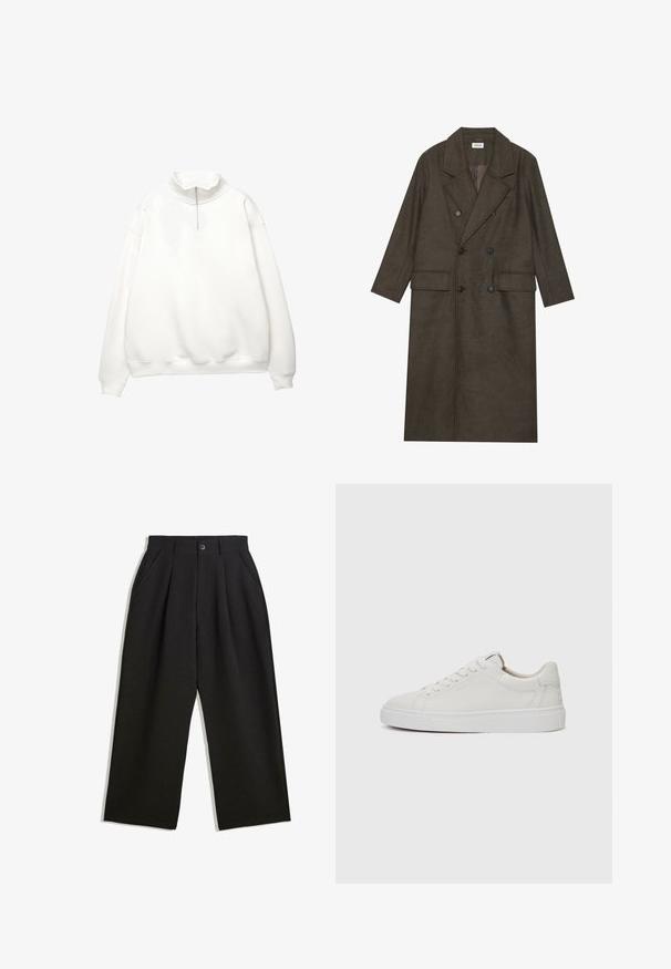 Dubbelt knäppt lång kappan i en mörkbrun ullblandning, med en spetsig krage, två framfickor och svarta knappar. Slät textur.; Vit tröja med hög krage, halvdragkedja framtill och sänkt axelsöm. Slät textur med ribbade manschetter och nederkant.; Svarta byxor med avslappnad passform, utrustade med veck fram, sidofickor och knappstängning. Tillverkade av strukturerad tyg.; Vita läder sneakers med låg profil, rund tå, platt vit gummisula och minimalistiska sömmar. Skosnören säkrade genom sex hål.
