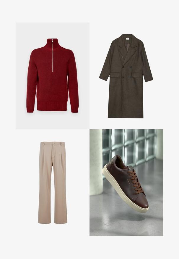 Dvojredno obloženi dolg plašč v temno rjavi mešanici volne, z obreženim ovratnikom, dvema sprednjima žepoma in črnimi gumbi. Gladka tekstura.; Rdeča pulover z zadrgo na vratu z teksturiranim pletenjem, dolgimi rokavi, rebrastimi manšetami in obročem, z aluminijasto zadrgo na ovratniku.; Bežne nabirane hlače iz gladkega blaga s ravnimi nogavicami, ki vključujejo gumb za zapiranje in diskretne šive.; Rjavi usnjeni teniski čevlji z zaobljenim nosom, rjavimi vezalkami in bež gumijastim podplatom. Na strani imajo minimalno blagovno označevanje.