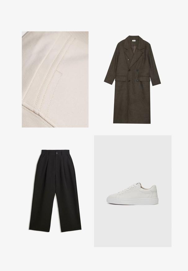 Cappotto lungo doppiopetto in misto lana marrone scuro, con colletto a revers, due tasche frontali e bottoni neri. Texture liscia.; Tessuto di cotone beige con cuciture visibili e una superficie piatta e liscia. Presenta un dettagliato tasca discreta lungo la cucitura.; Pantaloni neri con una vestibilità comoda, caratterizzati da pieghe frontali, tasche laterali e chiusura con bottone. Realizzati in tessuto testurizzato.; Sneakers bianchi in pelle, modello low-top, con punta rotonda, suola piatta in gomma bianca e dettagli di cucitura minimalista. Lacci fissati attraverso sei occhielli.