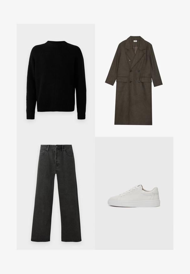 Dubbelzijdige lange jas in donkerbruin wolmengsel, met een geknipt kraag, twee voorzakken en zwarte knopen. Gladde textuur.; Zwarte gebreide trui met een geribbelde textuur, ronde halslijn en lange mouwen. Eenvoudig ontwerp; geen extra patronen of accenten.; Zwarte hoge taille spijkerbroek met rechte pijpen, voorzien van een knoop- en ritssluiting, en vijf zakken op een witte achtergrond.; Witte leren lage sneakers met een ronde neus, platte witte rubberen zool en minimalistische stikseldetails. Veters vastgemaakt via zes oogjes.