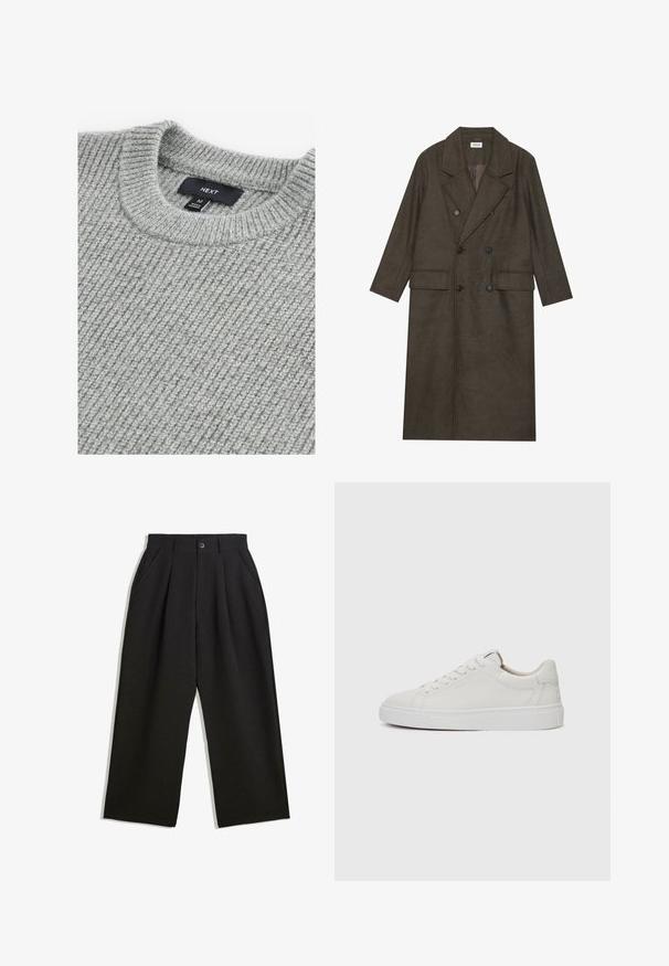 Dubbelzijdige lange jas in donkerbruin wolmengsel, met een geknipt kraag, twee voorzakken en zwarte knopen. Gladde textuur.; Grijze gebreide trui met een ribbelstructuur, ronde hals en label dat maat Medium aangeeft. De stof lijkt zacht en chunky.; Zwarte broeken met een relaxte pasvorm, voorzien van plooien aan de voorzijde, zijzakken en een knoopsluiting. Gemaakt van textiel met structuur.; Witte leren lage sneakers met een ronde neus, platte witte rubberen zool en minimalistische stikseldetails. Veters vastgemaakt via zes oogjes.