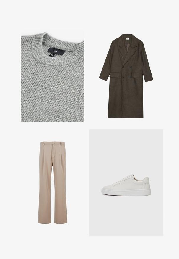 Tumepruun viljasegu topeltkooler, millel on nurgeline krae, kaks esist taskut ja mustad nööbid. Sile tekstuur.; Hallide kootud kampsun, ribitextuuriga, ümmarguse kaelusega ja sildiga, mis näitab suurust Medium. Kangas näeb välja pehme ja jäme.; Bežid plisseeritud püksid, mis on valmistatud siledast kangast ja omavad sirget sääre disaini, millel on nööpkinnitus ja peened õmblusdetailid.; Valged nahast madalad tossud ümarate varvastega, lame valge kummitald ja minimalistlikud õmblustead. Paelad kinnitatud läbi kuue silma.