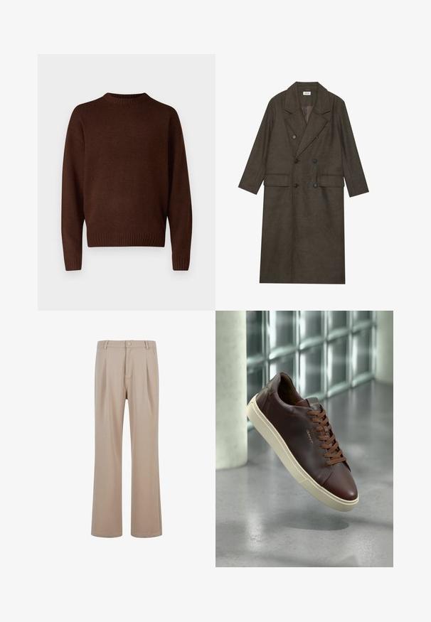 Dobbeltbrystet lang frakke i mørkebrun uldblanding med slået krave, to forlommer og sorte knapper. Glat tekstur.; Brun, strikket sweater med rund halsudskæring, lange ærmer og ribbet manchetter. Materialet er tekstureret og har et blødt udseende.; Beige plisserede bukser lavet af glat stof med lige ben-design, der har en knaplukning og subtile syninger.; Brune lædersneaker med rund tå, brune snørebånd og en beige gummisål. Har minimal branding på siden.