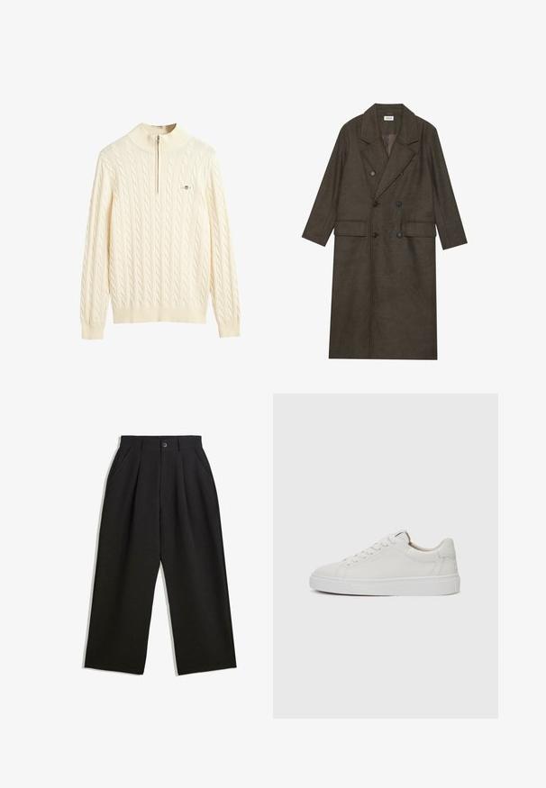 Dubbelzijdige lange jas in donkerbruin wolmengsel, met een geknipt kraag, twee voorzakken en zwarte knopen. Gladde textuur.; Crème-kleurige kabelgebreide sweater met een hoge kraag en halve ritssluiting; bevat ribgebreide manchetten en zoom, een zachte textuur en een logoprint.; Zwarte broeken met een relaxte pasvorm, voorzien van plooien aan de voorzijde, zijzakken en een knoopsluiting. Gemaakt van textiel met structuur.; Witte leren lage sneakers met een ronde neus, platte witte rubberen zool en minimalistische stikseldetails. Veters vastgemaakt via zes oogjes.