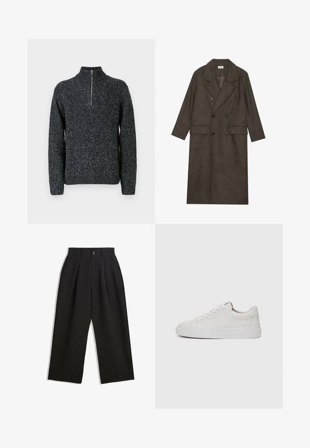 Dobbeltbrystet lang frakke i mørkebrun uldblanding med slået krave, to forlommer og sorte knapper. Glat tekstur.; Striktrøje i mørkegrå med høj krave og en kvart lynlås. Har tekstureret garn med en let meleret udseende.; Sorte bukser med en afslappet pasform, der har plisseringer foran, sidelommer og knaplukning. Fremstillet af tekstureret stof.; Hvide læder sneakers med lav skæft, rund tå, flad hvid gummisål og minimalistisk sømdetalje. Snørebånd sikret gennem seks snørrehuller.