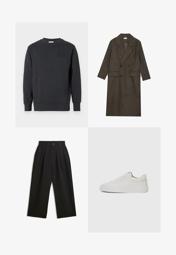 Palton lung cu două rânduri de nasturi dintr-un amestec de lână de culoare maro închis, având un guler cu tăietură, două buzunare frontale și nasturi negri. Textură netedă.; Hanorac negru din bumbac, cu guler rotund, manșete și tiv striate, cu un logo embossat pe piept. Textură netedă.; Pantaloni negri cu o croială lejeră, având pliuri în față, buzunare laterale și închidere cu buton. Fabricat dintr-un material texturat.; Adidași albi din piele, cu vârful rotund, talpă din cauciuc alb plat și detalii de cusătură minimaliste. Șireturile sunt fixate prin șase ochiuri.