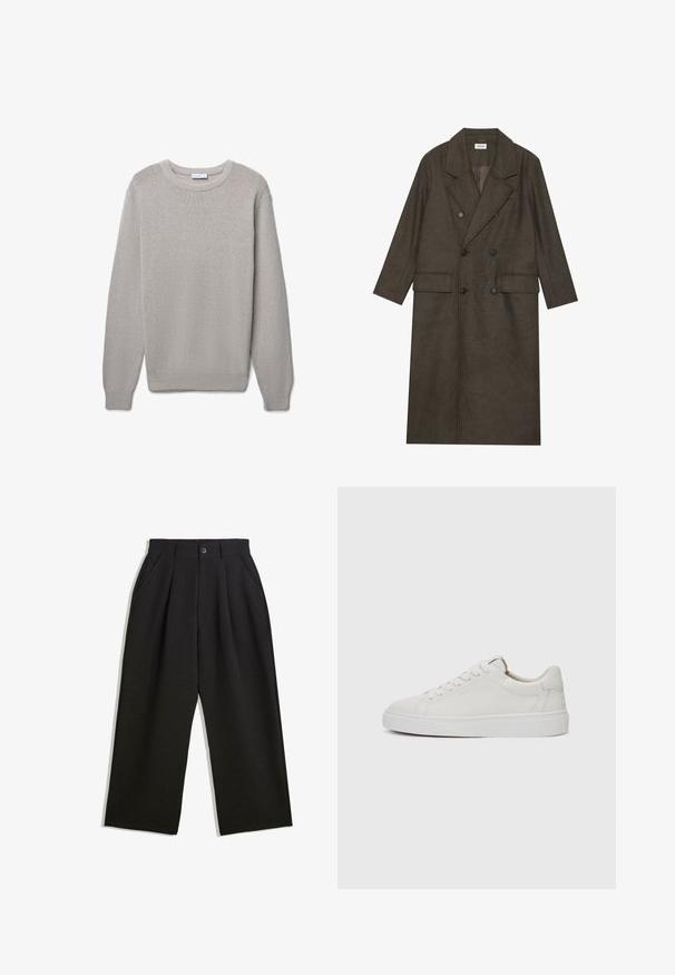 Cappotto lungo doppiopetto in misto lana marrone scuro, con colletto a revers, due tasche frontali e bottoni neri. Texture liscia.; Maglione girocollo a maglia grigio chiaro con maniche lunghe e polsini e orlo a coste, design semplice, taglia grande.; Pantaloni neri con una vestibilità comoda, caratterizzati da pieghe frontali, tasche laterali e chiusura con bottone. Realizzati in tessuto testurizzato.; Sneakers bianchi in pelle, modello low-top, con punta rotonda, suola piatta in gomma bianca e dettagli di cucitura minimalista. Lacci fissati attraverso sei occhielli.