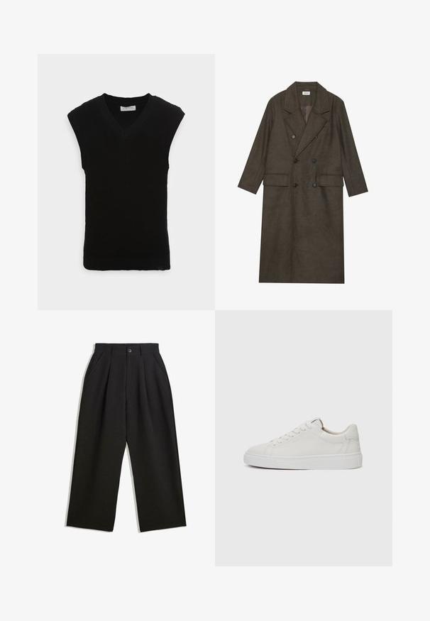Dvojredno obloženi dolg plašč v temno rjavi mešanici volne, z obreženim ovratnikom, dvema sprednjima žepoma in črnimi gumbi. Gladka tekstura.; Črn brezrokavnik iz pletene tkanine z obliko V-izreza in rebrasto teksturo, s gladkim robom in brez dodatnih okrasnih elementov.; Črne hlače z sproščenim krojem, z naborki spredaj, stranskimi žepi in gumbom za zapiranje. Narejene so iz strukturirane tkanine.; Bele usnjene superge z nizkim zgornjim delom, okroglo konico, ravnim belim gumijastim podplatom in minimalističnimi šivi. Šnure so pritrjene skozi šest lukenj.