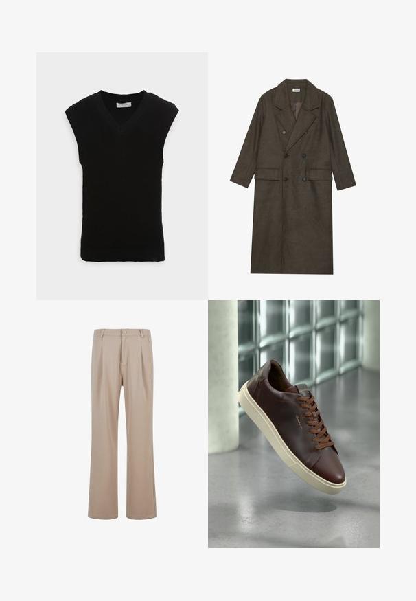 Kétgombos, hosszú kabát sötétbarna gyapjúkeverékből, kiemelkedő gallérral, két elülső zsebbel és fekete gombokkal. Simára csiszolt textúra.; Fekete ujjatlan kötött mellény V-nyakkal és bordázott textúrával, sima szegéllyel és további díszítések nélkül.; Beige, sima anyagból készült, plisszírozott nadrág, egyenes láb kialakítással, gombos záródással és diszkrét varrási részletekkel.; Barna bőr sportcipő lekerekített orral, barna fűzőkkel és bézs gumitalppal. Az oldalon minimális márkázás található.