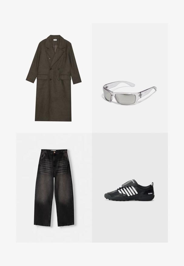 Dlhý kabát s dvojitým zapínaním v tmavo hnedej vlnenej zmesi, s klopeným golierom, dvoma prednými vreckami a čiernymi gombíkmi. Hladká textúra.; Čierna košeľa s dlhým rukávom a zapínaním na gombíky, klasickým golierom a zaobleným lemom; obsahuje čierne gombíky a červené logo vo vnútri goliera.; Čierne riflové nohavice s širokým strihom a vyblednutým dizajnom, ktoré majú päť vreciek, zapínanie na gombík a jemné pranie na prednej strane.; Čierna športová obuv s textúrovaným zvrškom, bielymi pruhovanými akcentmi, polstrovaným golierom a čiernou gumovou podrážkou. Obsahuje aj pútko a detail "1964".; Slnkošne okuliare s priesvitným plastovým rámom, šedými sklami, obopínajúcim dizajnom a detailom loga na boku. Hladký povrch s zakrivenými ramenami.; Tmavohnedá semišová taška s dvoma uchami a horizontálnym popruhom, ktorý obsahuje malú zlatú nášivku s logom DSQUARED2.
