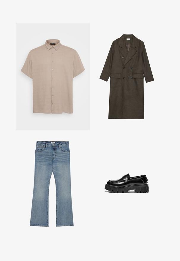 Dobbeltspent lang frakk i mørkebrunt ullblanding, med krage med skråskjær, to frontlommer og svarte knapper. Glatt tekstur.; Kortermet skjorte i lys beige stoff, med krage og frontknapper. Teksturen ser glatt ut og er noe strukturert.; Lys blå denimjeans med flagrende ben, med en klassisk fem-lomme stil og en knappelukking i midjen.; Svarte skinnloafers med tykk gummisåle, dekorativ stropp over toppen, og kontrasterende hvite sømmer. Glatt tekstur med avrundet tå.