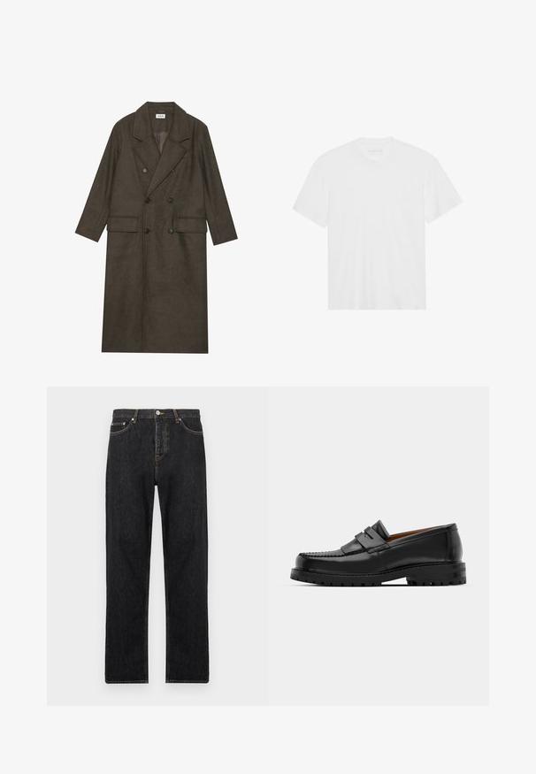 Dlhý kabát s dvojitým zapínaním v tmavo hnedej vlnenej zmesi, s klopeným golierom, dvoma prednými vreckami a čiernymi gombíkmi. Hladká textúra.; Biela bavlnená tričko s krátkymi rukávmi, klasickým výstrihom a rovnými okrajmi. Hladká textúra, minimalistický dizajn bez vzorov alebo akcentov.; Čierne denimové nohavice so siluetou rovného strihu, vybavené zapínaním na gombíky, piatimi vreckami a jemnými stehovými detailmi pozdĺž švov.; Čierne kožené mokasíny majú vystúpený šev, dve dekoratívne pásky na vrchu a hrubú textúrovanú podrážku pre lepšiu priľnavosť.