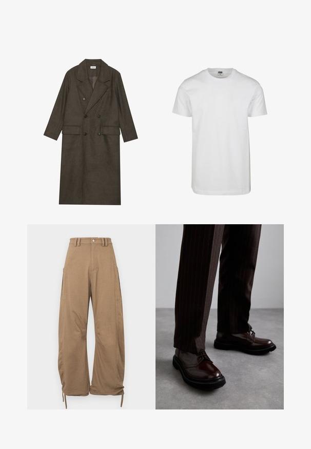 Manteau long à double boutonnage en mélange de laine brun foncé, avec un col à revers, deux poches avant et des boutons noirs. Texture lisse.; T-shirt en coton blanc avec un décolleté rond, des manches courtes et une coupe décontractée. L'étiquette indique "URBAN CLASSICS." Texture lisse, sans motifs ni accents.; Pantalon cargo en tissu marron clair, doté de deux poches latérales, d'une coupe décontractée, d'ourlets à cordon de serrage et d'une fermeture à boutons à la taille.; Chaussures en cuir marron à lacets avec une finition brillante, semelle en caoutchouc noire et coutures discrètes. Portées avec un pantalon marron à rayures.