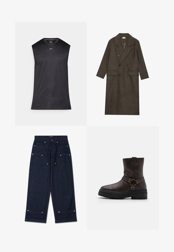 Dobbeltbrystet lang frakke i mørkebrun uldblanding med slået krave, to forlommer og sorte knapper. Glat tekstur.; Sort ærmeløs træningsskjorte med rund hals, lavet af et glat, let stof; har et lille Reebok-logo på brystet.; Mørk denim bredbukser med to frontlommer, sølvhardware-detaljer og kontrasterende rød syning. Har knaplukning og brandlogo.; Brun læder ankelstøvle med firkantet tå, spændeaccenter og en tyk sort sål. Har en sidelukning med lynlås og tekstureret overflade.