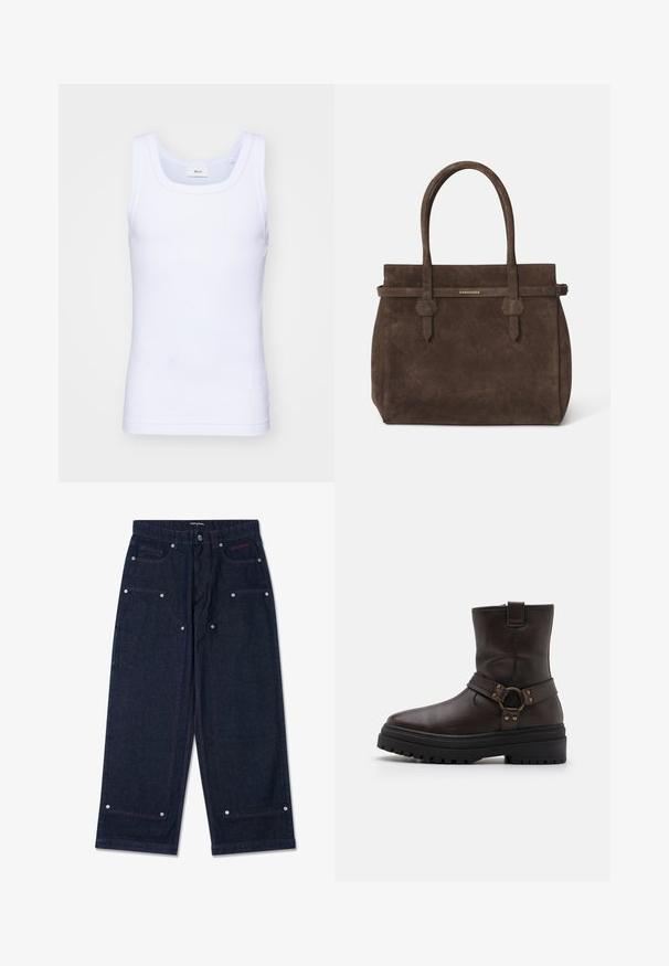 Kétgombos, hosszú kabát sötétbarna gyapjúkeverékből, kiemelkedő gallérral, két elülső zsebbel és fekete gombokkal. Simára csiszolt textúra.; Fehér pamut ujjatlan trikó kerek nyakkivágással, sima textúrával és testhezálló fazonnal, amelyet hétköznapi viseletre terveztek.; Sötét farmert colorú, széles lábú nadrág, két elülső zsebbel, ezüst színű részletekkel és kontrasztos piros varrással. Gombos záródással és márka logóval rendelkezik.; Barna bőr bokacsizma négyzet alakú orral, csattal díszítve és vastag fekete talppal. Oldalcipzárral és texturált felülettel rendelkezik.; Sötétbarna velúr tote táska dupla fogantyúval és vízszintes pánttal, melyen egy kis arany DSQUARED2 logo tábla található.