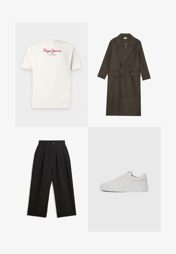 Dvogubni dugi kaput od tamnosmešane vune, s izrezanim ovratnikom, dvama prednjim džepovima i crnim dugmadi. Glatka tekstura.; Bijela pamučna majica kratkih rukava. Istaknuti logotip crvenim rukopisnim slovima kaže "Pepe Jeans" iznad "LONDON" crnim slovima. Jednostavan, ležeran dizajn.; Crne hlače opuštenog kroja, sa plisama sprijeda, bočnim džepovima i gumbom za zatvaranje. Izrađene od teksturirane tkanine.; Bijele kožne niske tenisice s okruglim vrhom, ravnim bijelim gumenim potplatom i minimalističkim detaljima šavova. Pertle osigurane kroz šest rupica.