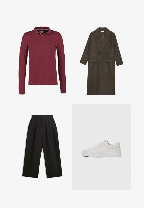 Double-breasted long coat in dark brown wool blend, featuring a notched collar, two front pockets, and black buttons. Smooth texture.; Long-sleeve polo shirt in burgundy, featuring a classic collar, two-button placket, and side slit hems for ease of movement. Smooth cotton fabric.; Black trousers with a relaxed fit, featuring pleats at the front, side pockets, and a button closure. Made from textured fabric.; White leather low-top sneakers with a round toe, flat white rubber sole, and minimalistic stitching detail. Laces secured through six eyelets.