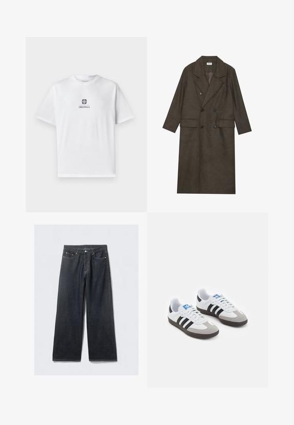 Dubbelzijdige lange jas in donkerbruin wolmengsel, met een geknipt kraag, twee voorzakken en zwarte knopen. Gladde textuur.; Witte katoenen t-shirt met korte mouwen, met een centrale grafiek van een leeuw en het woord "ORIGINALS" in het zwart, ronde halslijn, ontspannen pasvorm.; Donkerdenim wijd uitlopende jeans met een hoge taille, voorzien van koperkleurige klinknagels en contraststiksels, een gladde textuur en geen zichtbare patronen.; Sportschoenen met een witte leren bovenkant, grijze suède neus en drie zwarte strepen. Bevat een blauw logo op de tong en een gestructureerde rubberen zool.